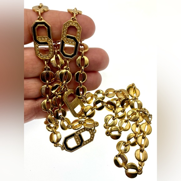 Vintage 1980s Signed DVF Gold Tone & Enamel Linked Necklace Swarovski Crystals - Picture 7 of 7